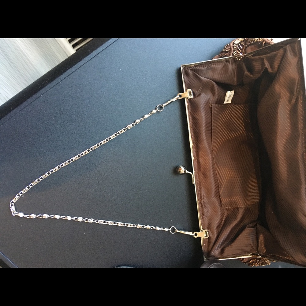 Beautiful Beaded Bag-Chocolate Brown 11”x4” 2 lengths chain for shoulder bag - Picture 2 of 4